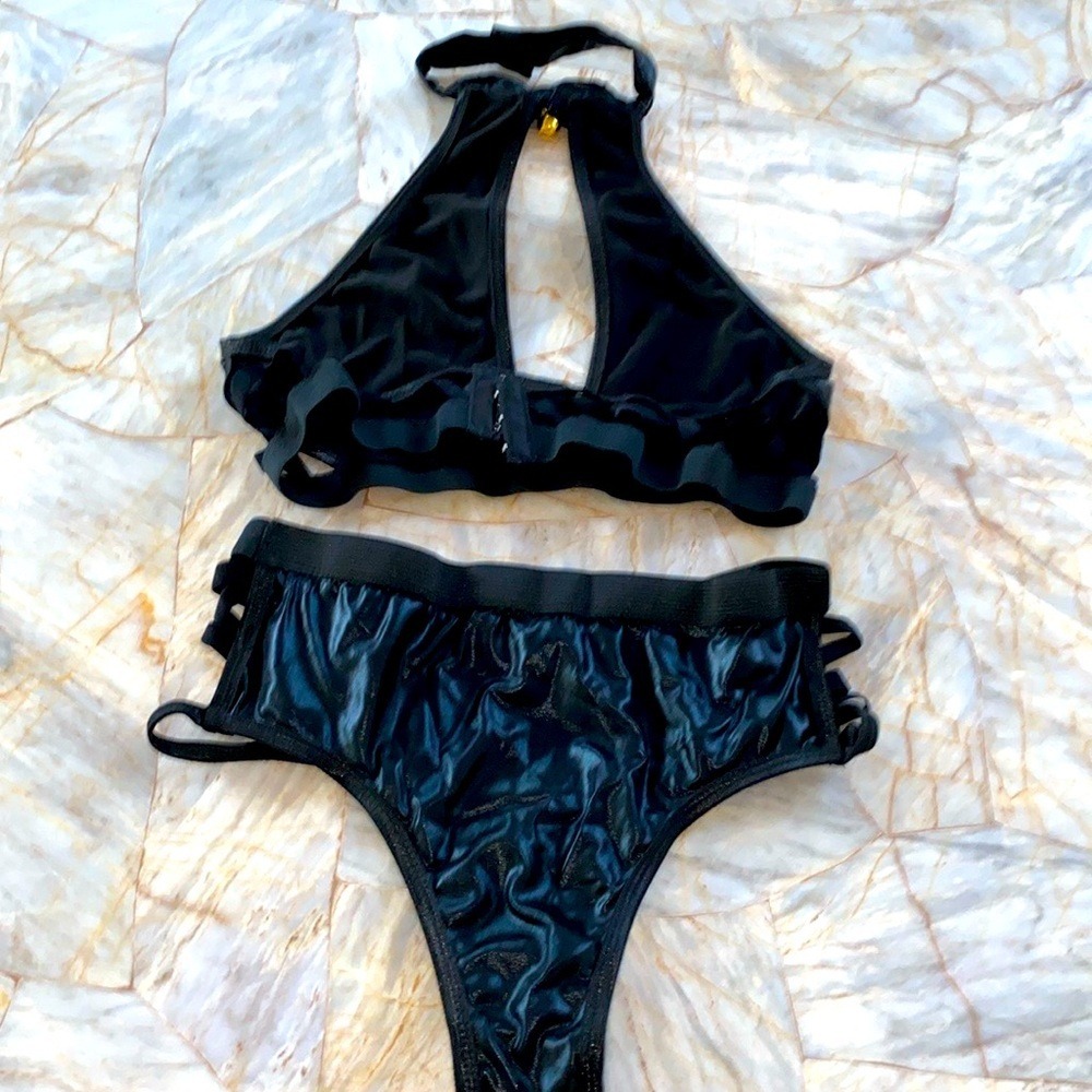 Fantasy Lingerie Black‎ Metallic Wet Look Halter Top and Strappy Panty Set SM